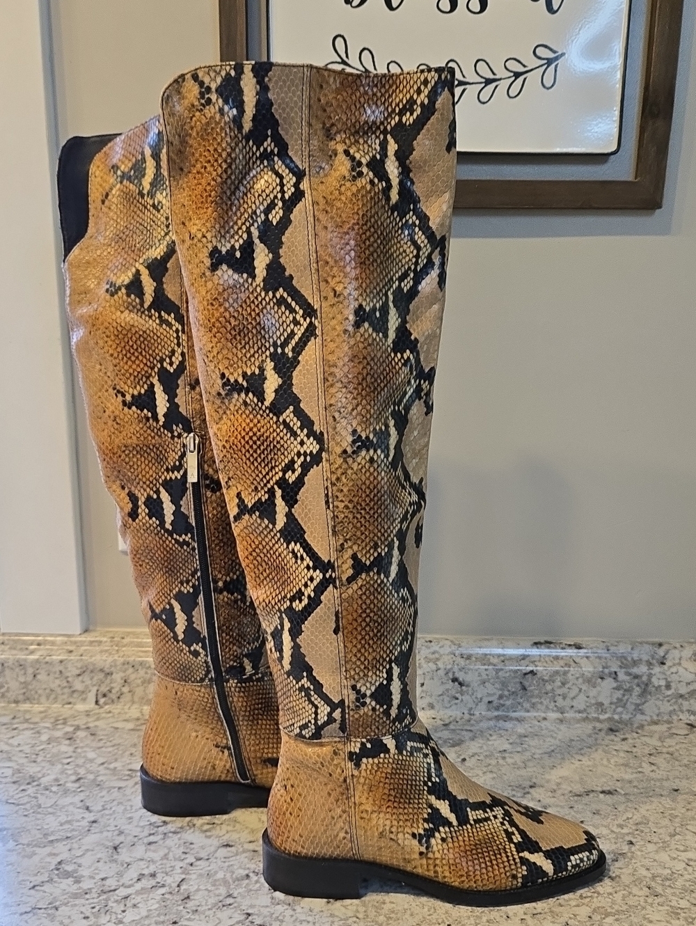 Aquatalia Italian Weatherproof Black & Camel Snake Leather Boots